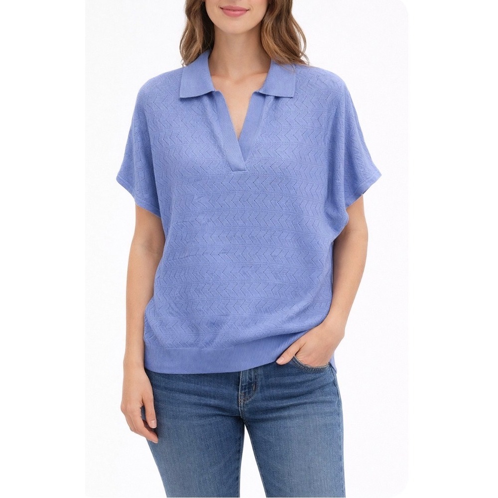 NWT Tahari Womens Calm Blue Chevron Pointelle Knit Polo V-Neck Top S Festival